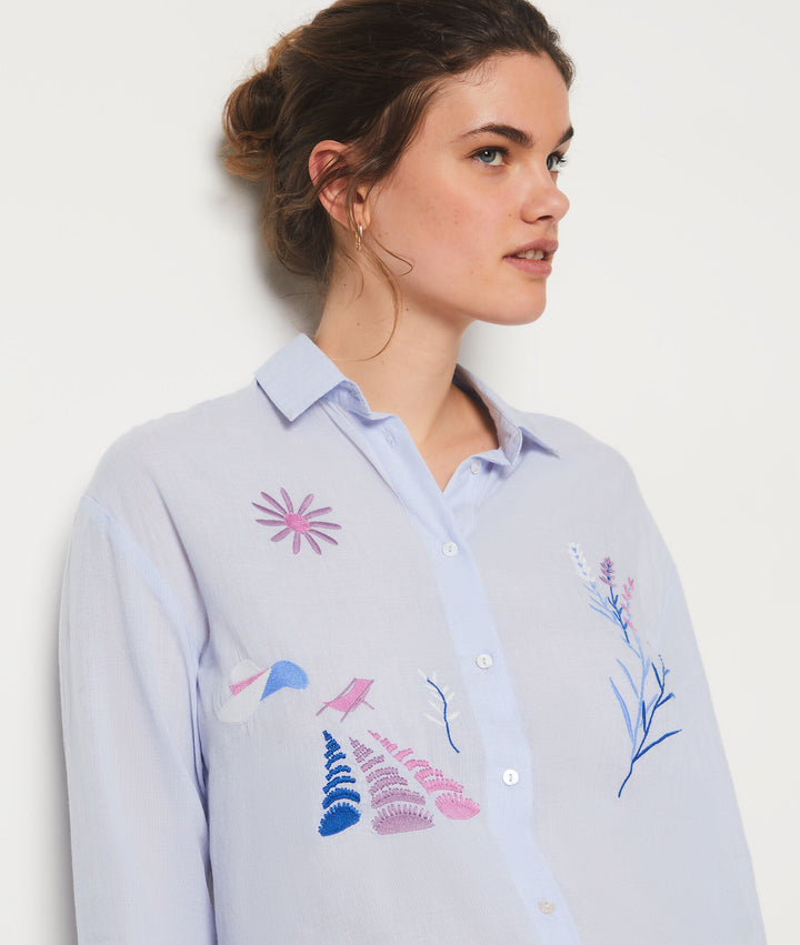 Embroidered cotton nightshirt - Bleu Ciel