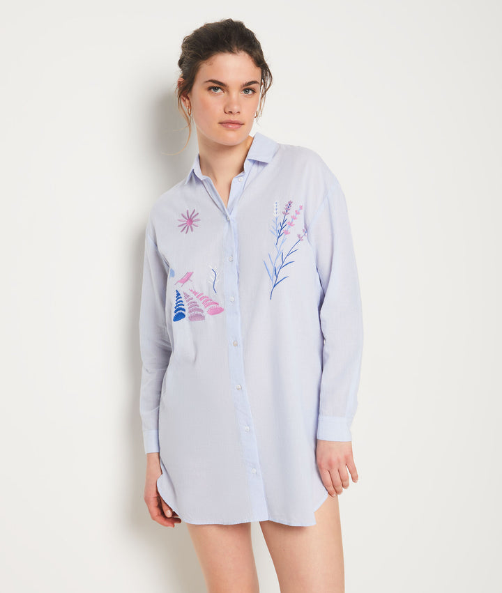 Embroidered cotton nightshirt - Bleu Ciel