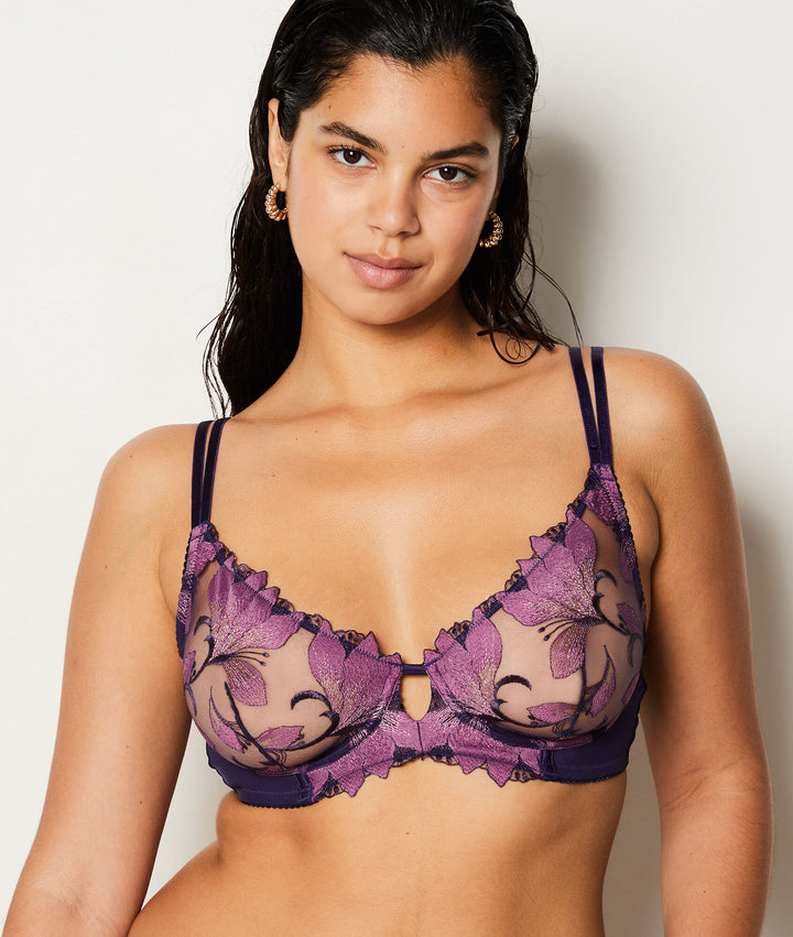Embroidered tulle balconette bra - Myrtille