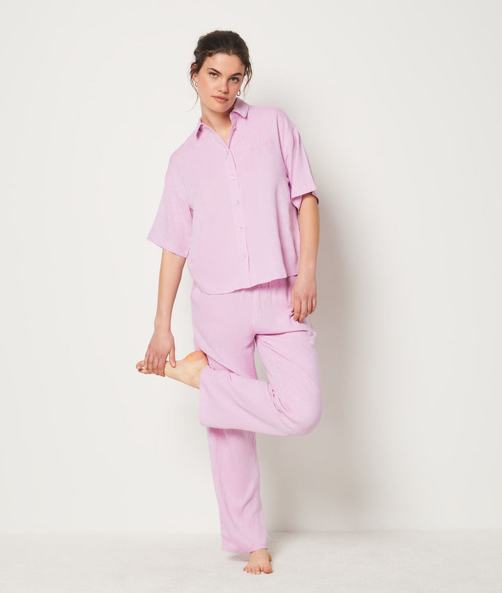 Short-sleeved pajama shirt in blended linen - Rose