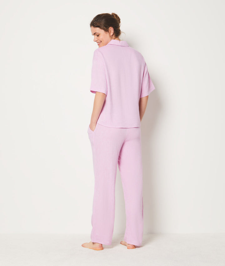 Short-sleeved pajama shirt in blended linen - Rose