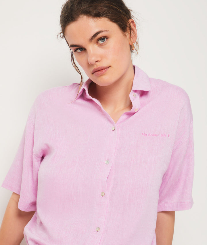 Short-sleeved pajama shirt in blended linen - Rose