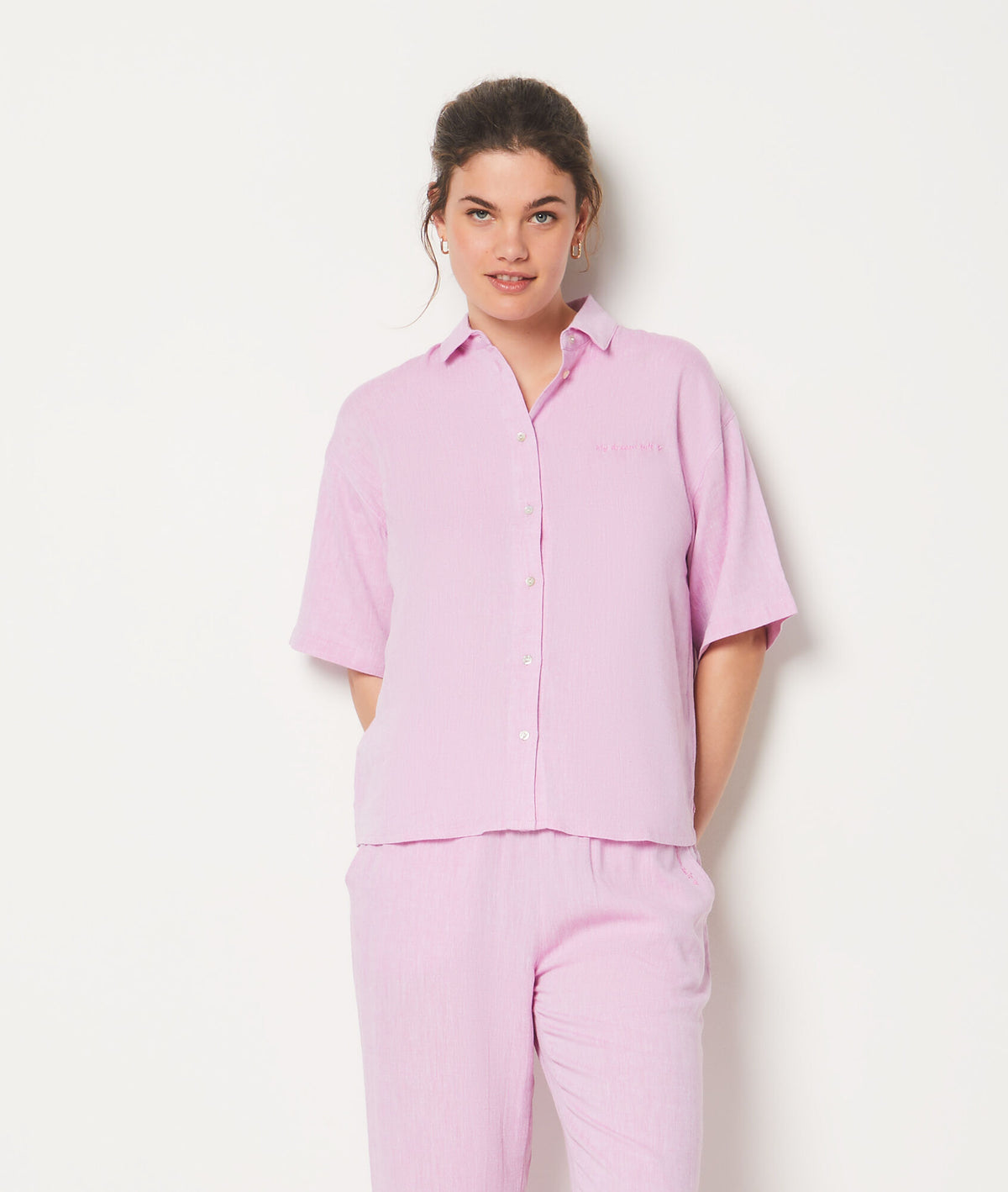 Short-sleeved pajama shirt in blended linen - Rose
