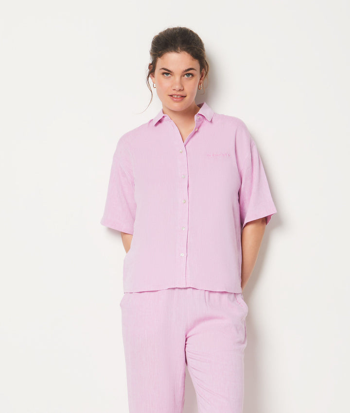 Short-sleeved pajama shirt in blended linen - Rose