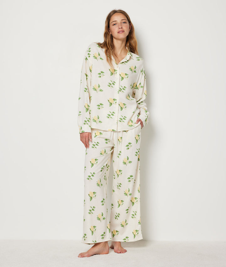 Linen pajama shirt with lemon print - Ecru