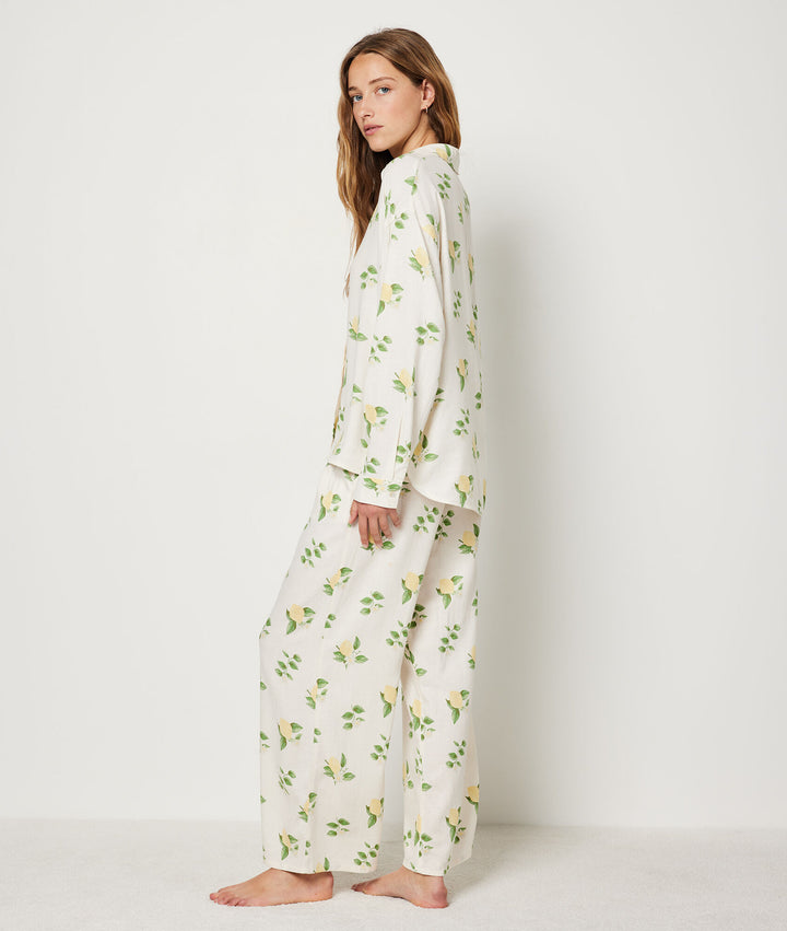 Linen pajama shirt with lemon print - Ecru