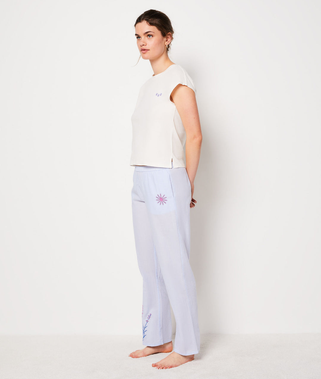 Embroidered cotton pajama pants - Bleu Ciel