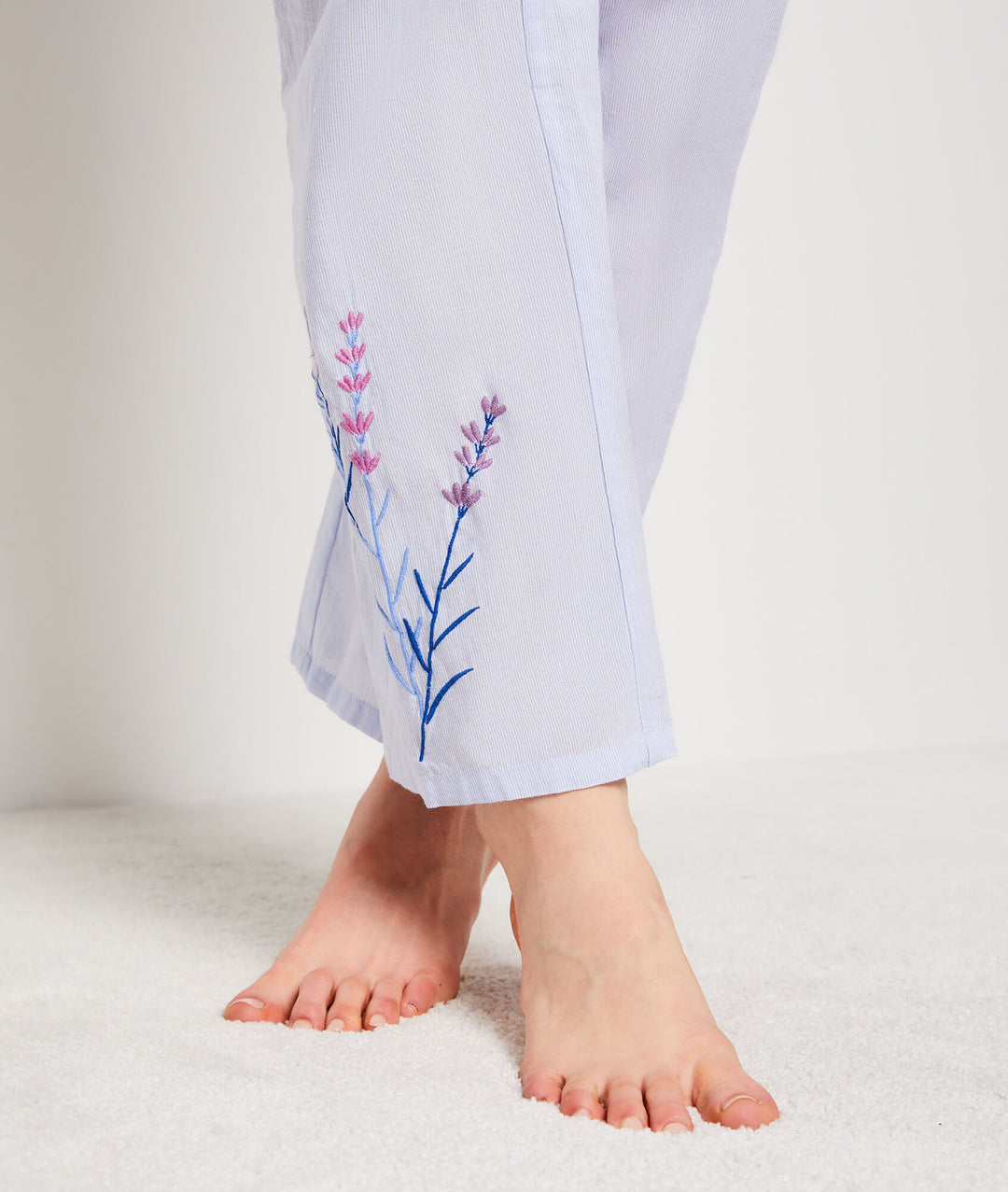 Embroidered cotton pajama pants - Bleu Ciel