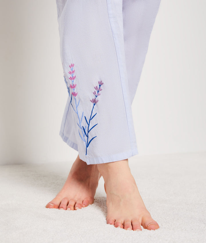 Embroidered cotton pajama pants - Bleu Ciel