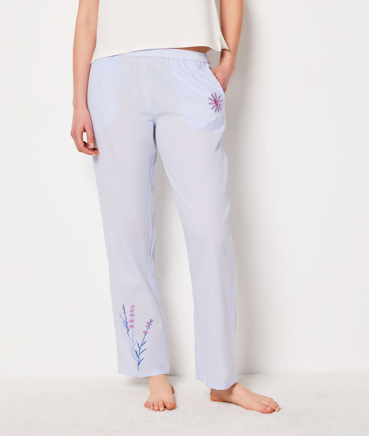 Embroidered cotton pajama pants - Bleu Ciel