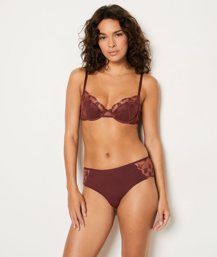 Embroidered tulle boyshort - Terracotta