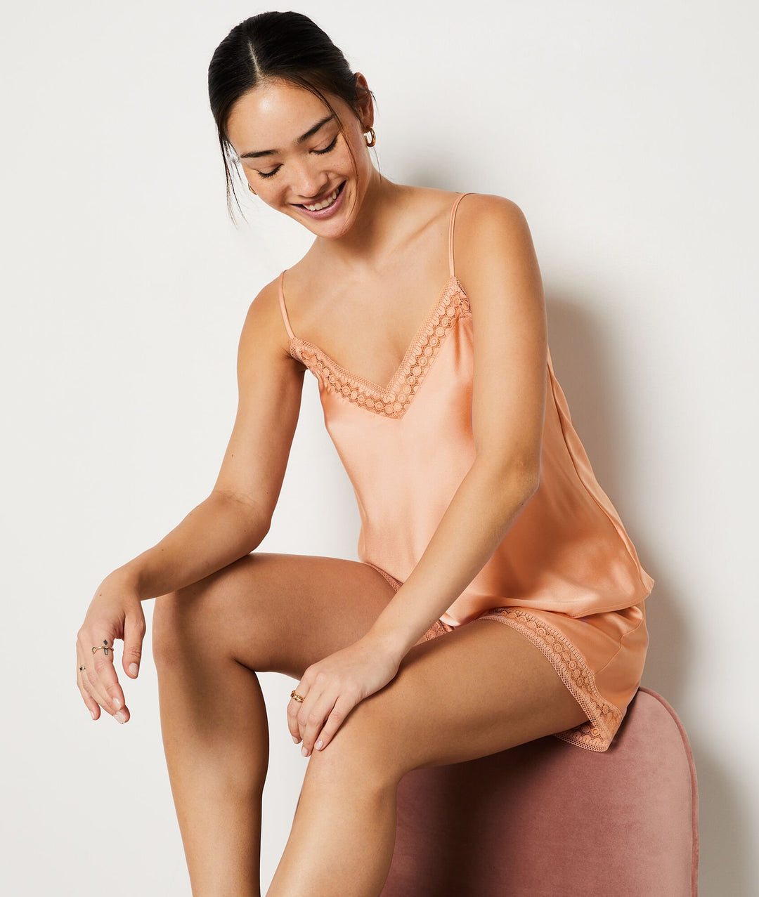 Lace detail satin camisole - Peche