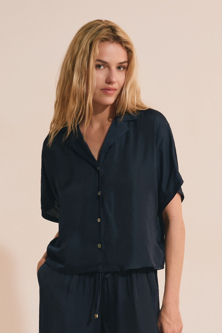 Satin Short-Sleeved Shirt - Bleu Nuit