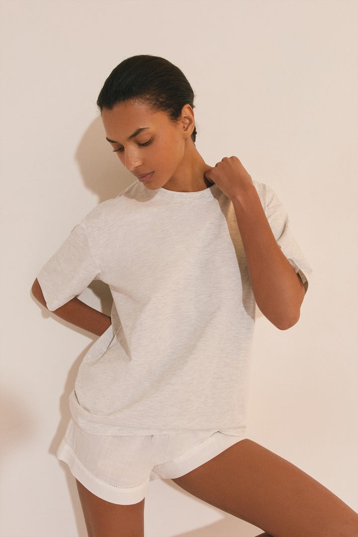 Short-Sleeved Cotton Pajama T-Shirt - Gris Clair