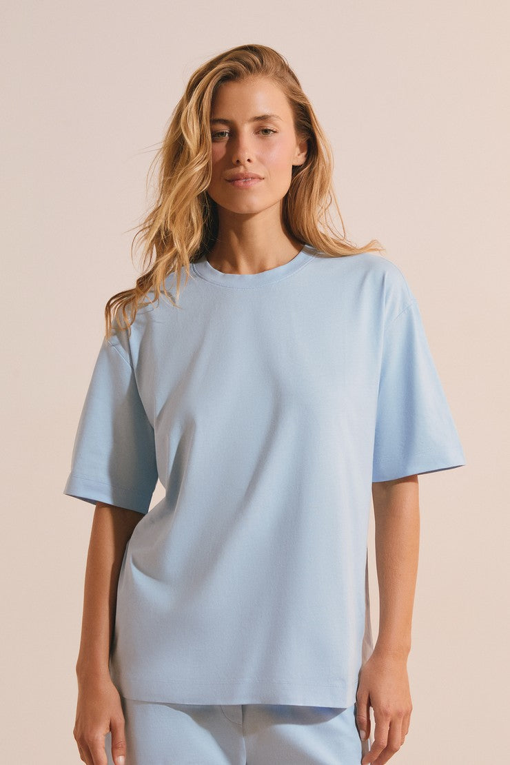 Short-Sleeved Cotton Pajama T-Shirt - Bleu Ciel