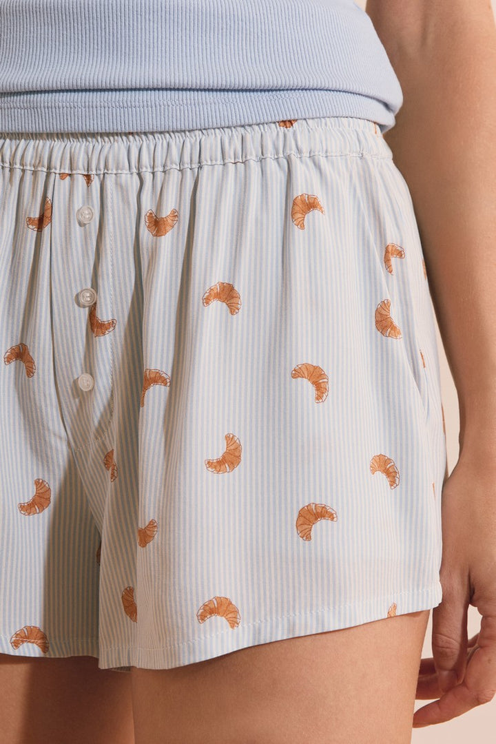 Croissant Print Pajama Shorts - Bleu Ciel