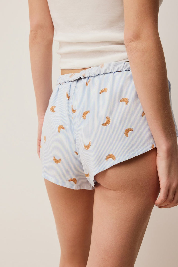 Croissant Print Pajama Shorts - Bleu Ciel