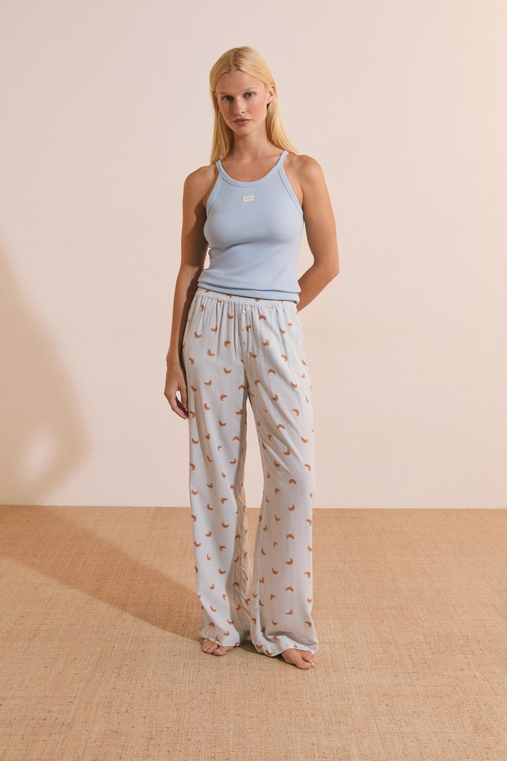 Pyjama Trousers With Croissant Print - Bleu Ciel