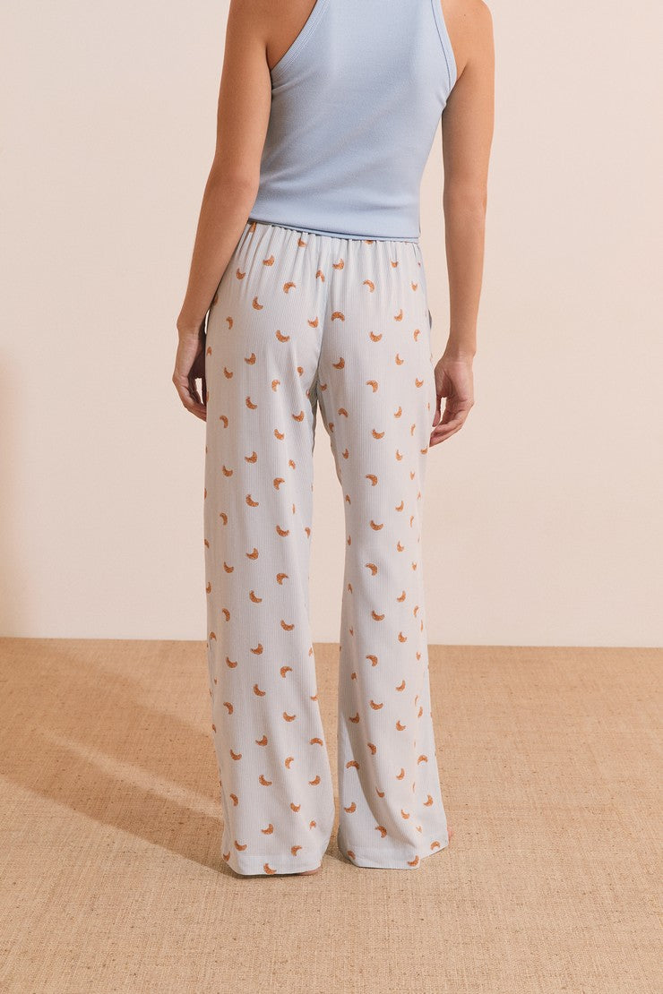 Pyjama Trousers With Croissant Print - Bleu Ciel