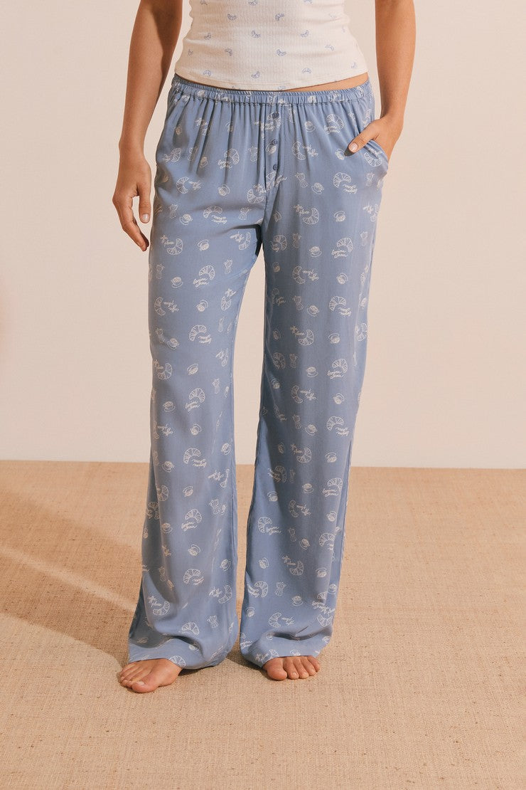 Pajama Pants With Croissant Print - Bleu