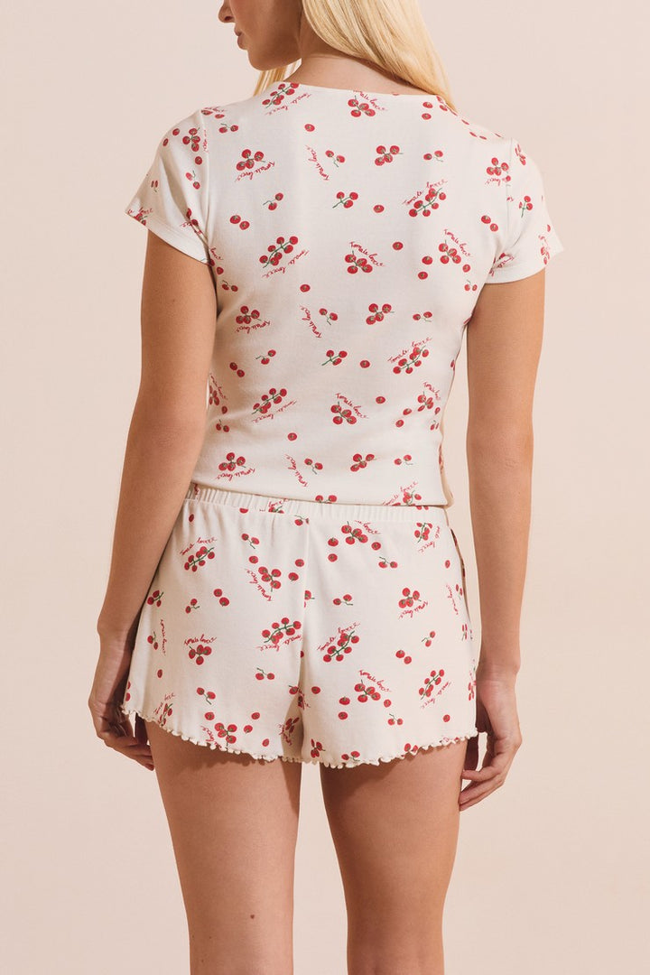 Cotton Pajama Shorts With Tomato Print - Blanc