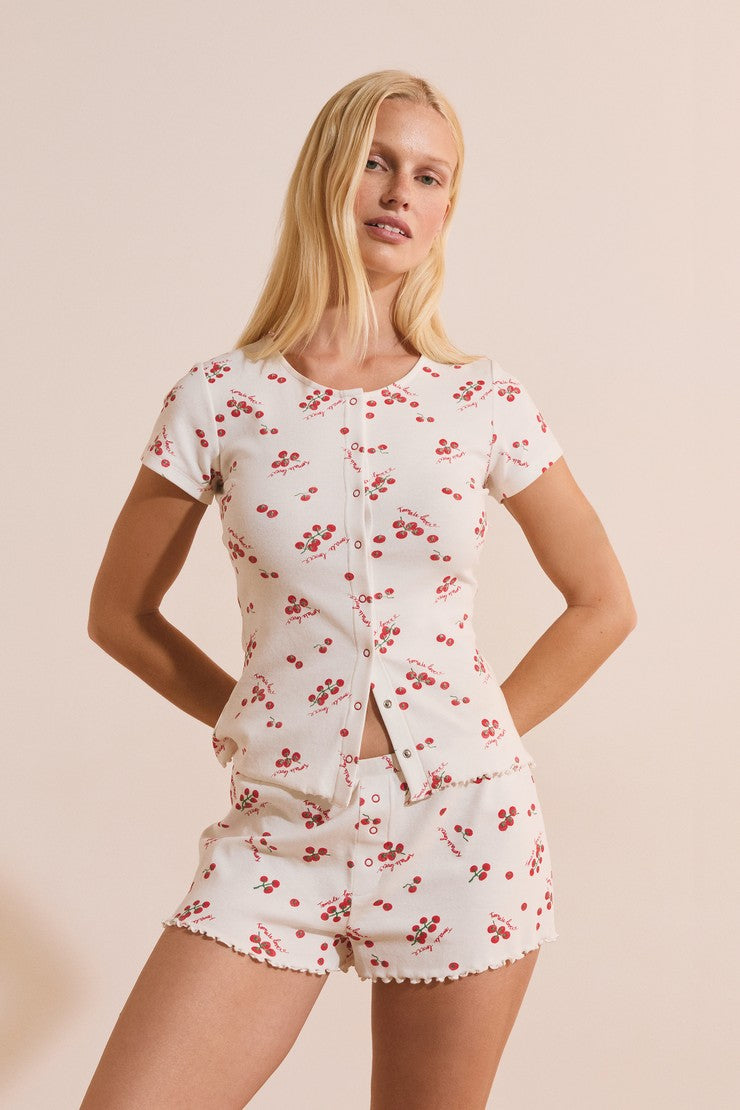 Cotton Pajama Shorts With Tomato Print - Blanc