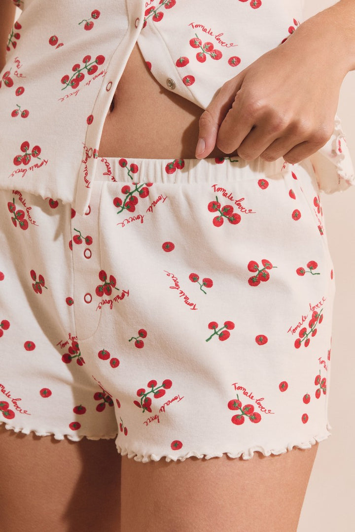 Cotton Pajama Shorts With Tomato Print - Blanc