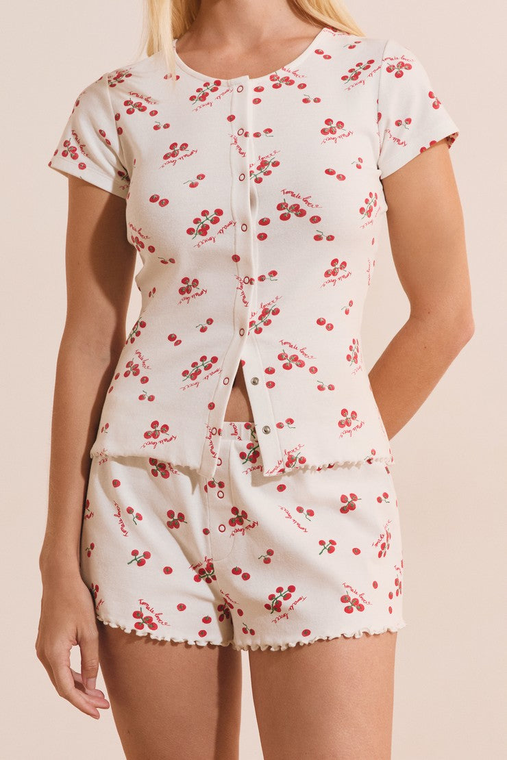Cotton Pajama Shorts With Tomato Print - Blanc