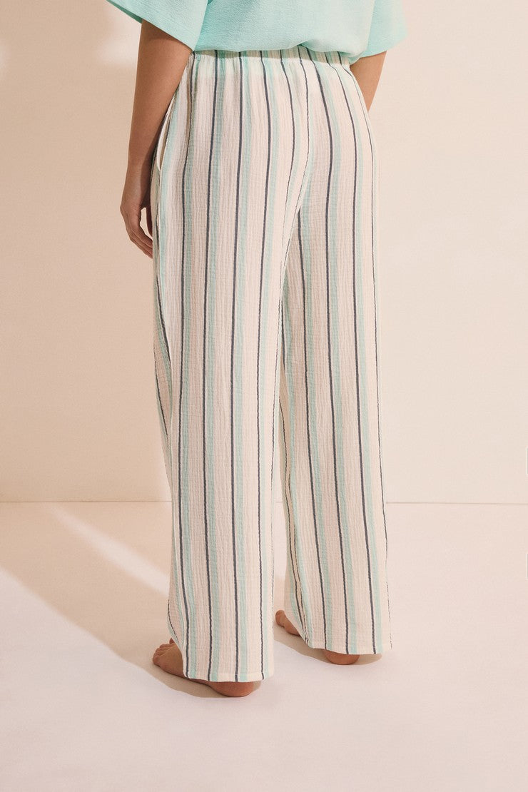 7/8 Striped Cotton Pyjama Trousers - Turquoise