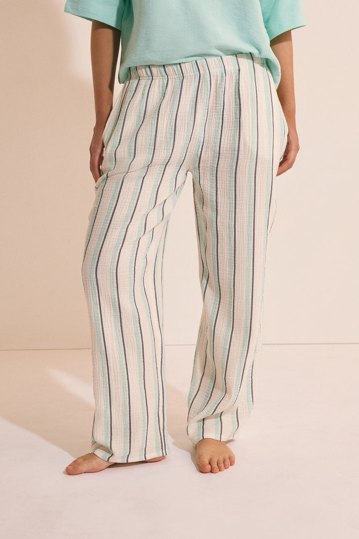 7/8 Striped Cotton Pyjama Trousers - Turquoise
