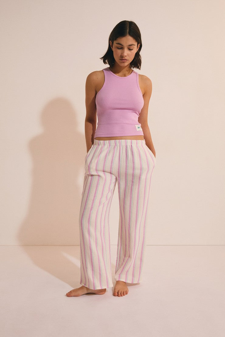 7/8 Striped Cotton Pyjama Trousers - Rose