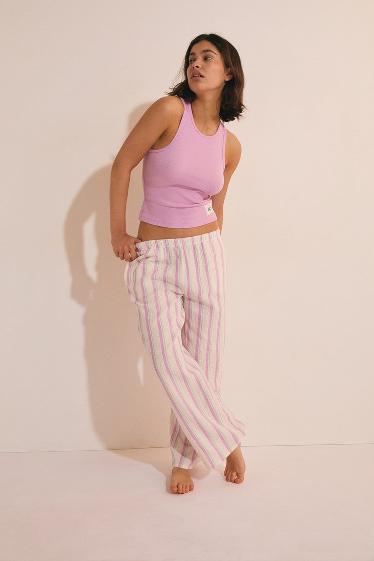 7/8 Striped Cotton Pyjama Trousers - Rose