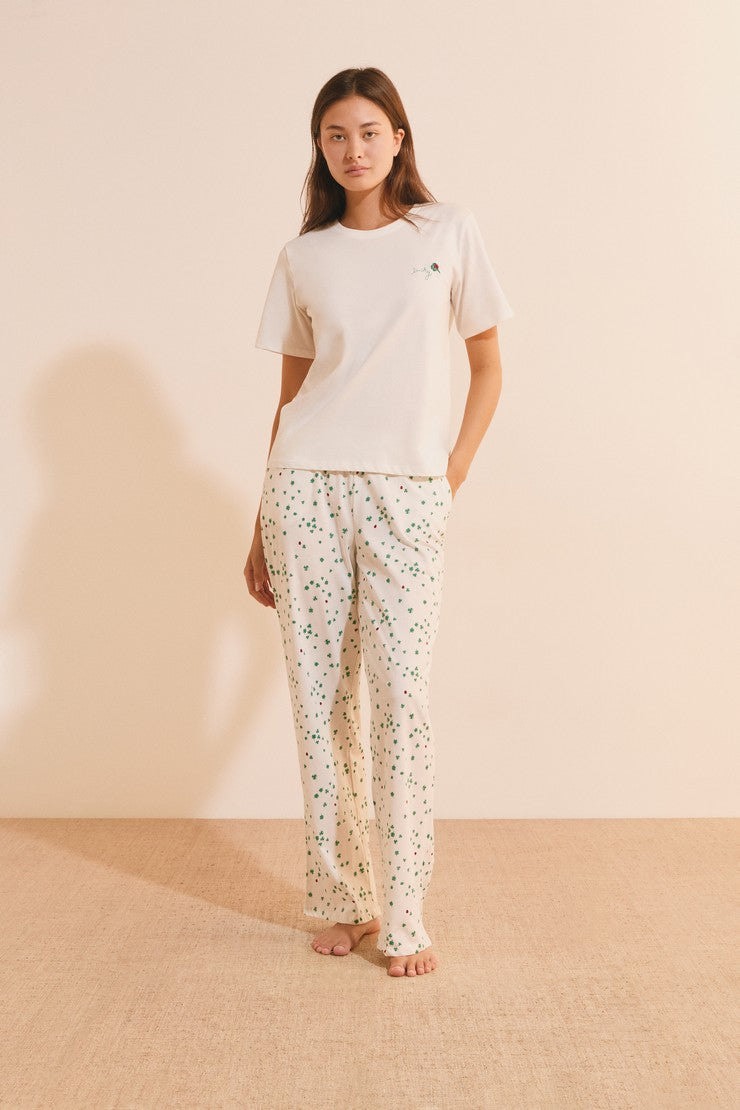 2-Piece Cotton Pajama Set With Clover Patterns - Blanc