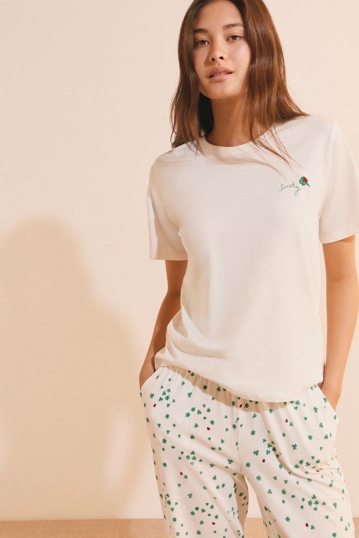 2-Piece Cotton Pajama Set With Clover Patterns - Blanc