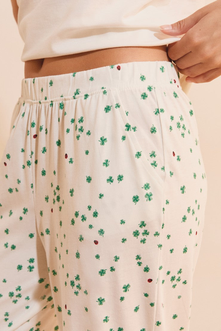 2-Piece Cotton Pajama Set With Clover Patterns - Blanc