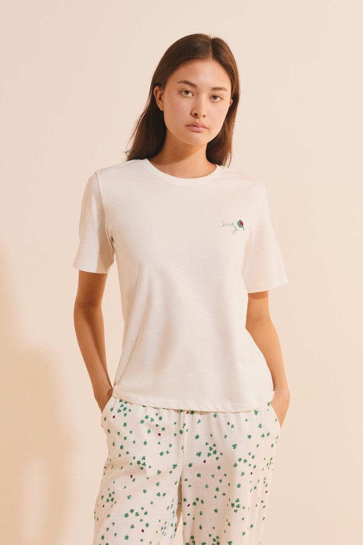 2-Piece Cotton Pajama Set With Clover Patterns - Blanc