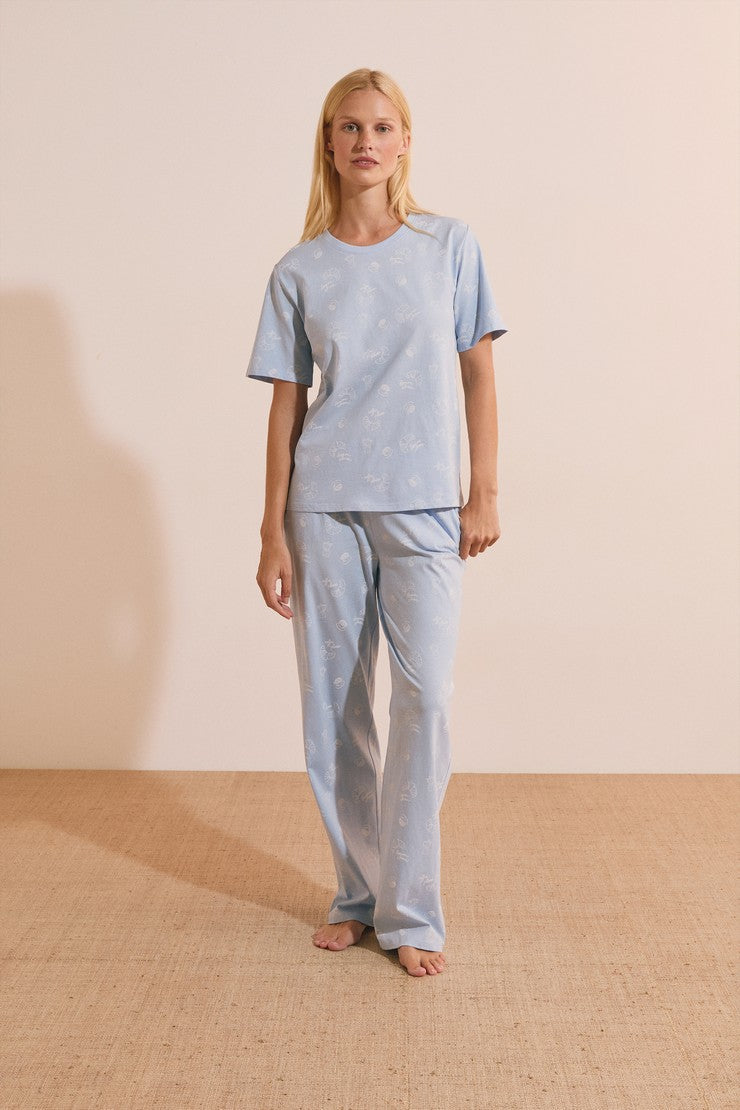 2-Piece Cotton Pajama Set With Clover Patterns - Bleu Ciel