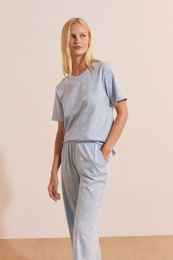 2-Piece Cotton Pajama Set With Clover Patterns - Bleu Ciel
