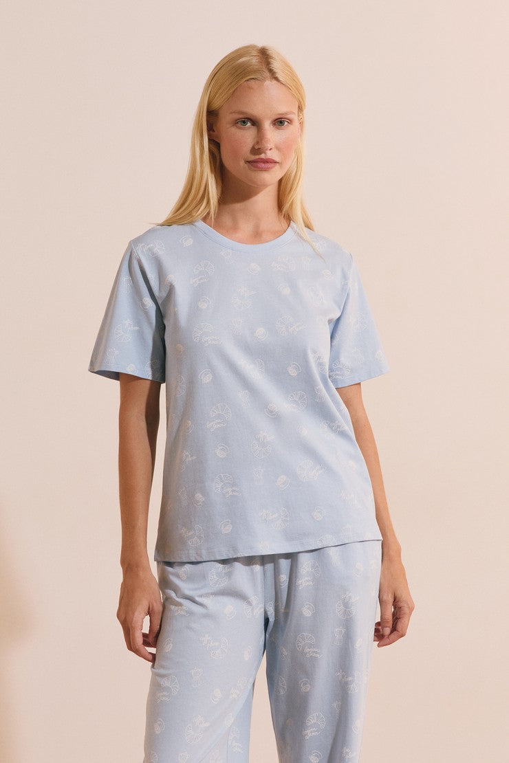 2-Piece Cotton Pajama Set With Clover Patterns - Bleu Ciel
