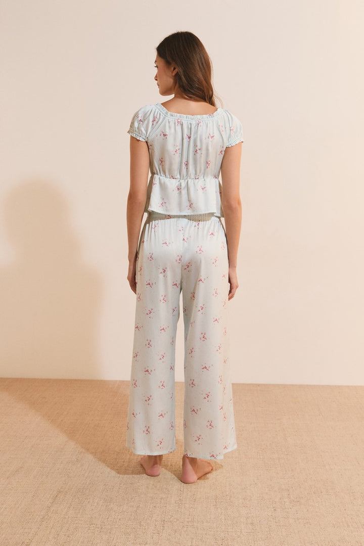 Short-Sleeve Patterned Satin Top - Imp Bleu Vert.
