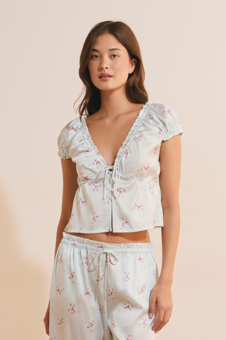 Short-Sleeve Patterned Satin Top - Imp Bleu Vert.