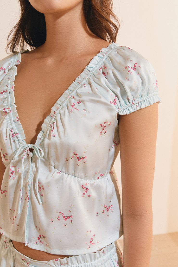 Short-Sleeve Patterned Satin Top - Imp Bleu Vert.