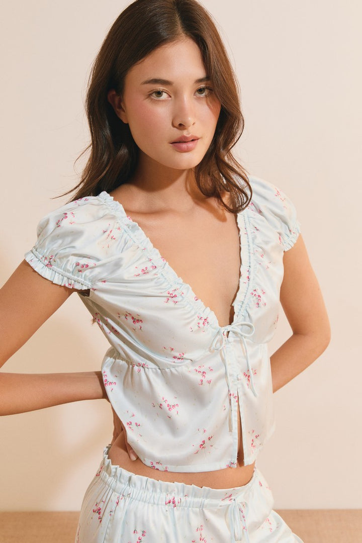 Short-Sleeve Patterned Satin Top - Imp Bleu Vert.