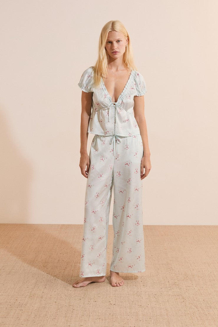 Patterned 7/8 Satin Pants - Imp Bleu Vert.
