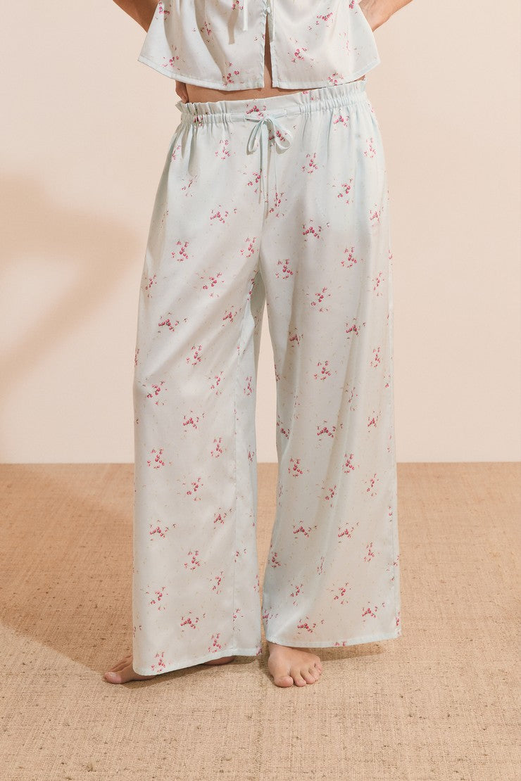 Patterned 7/8 Satin Pants - Imp Bleu Vert.