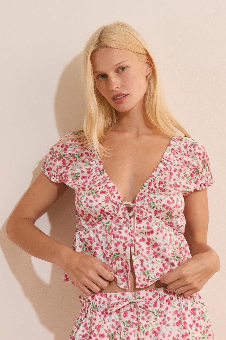 Satin Patterned Short-Sleeved Top - Imp Fond Rose