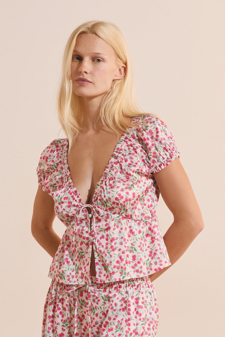 Satin Patterned Short-Sleeved Top - Imp Fond Rose