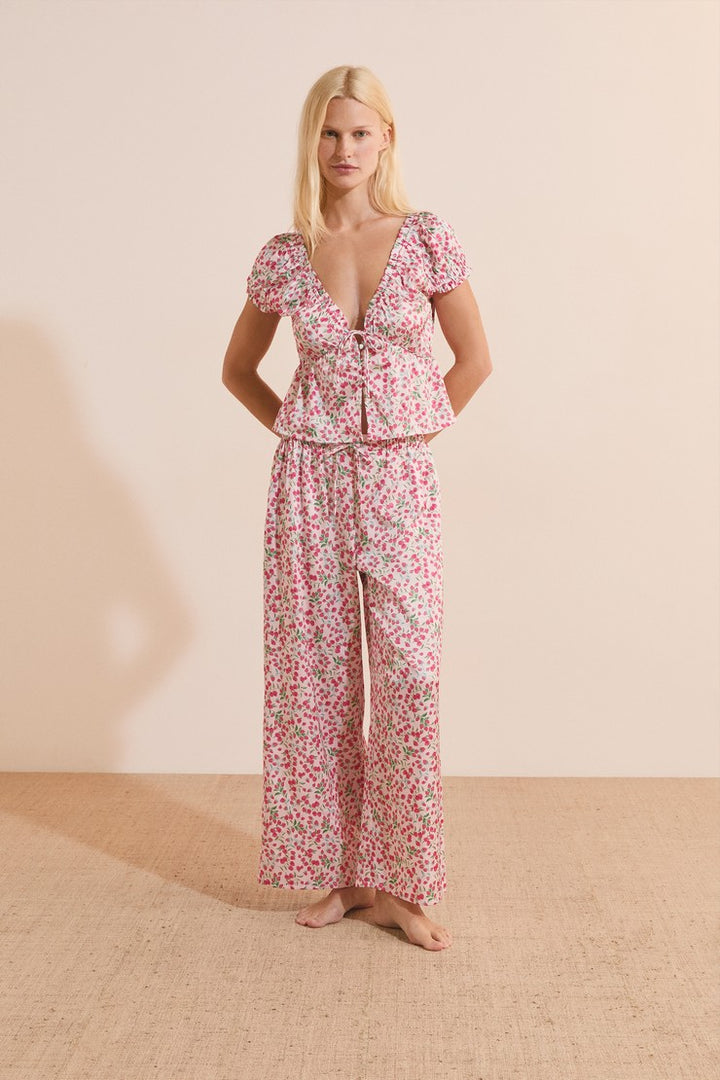 Satin Floral Print Pajama Pants - Imp Fond Rose