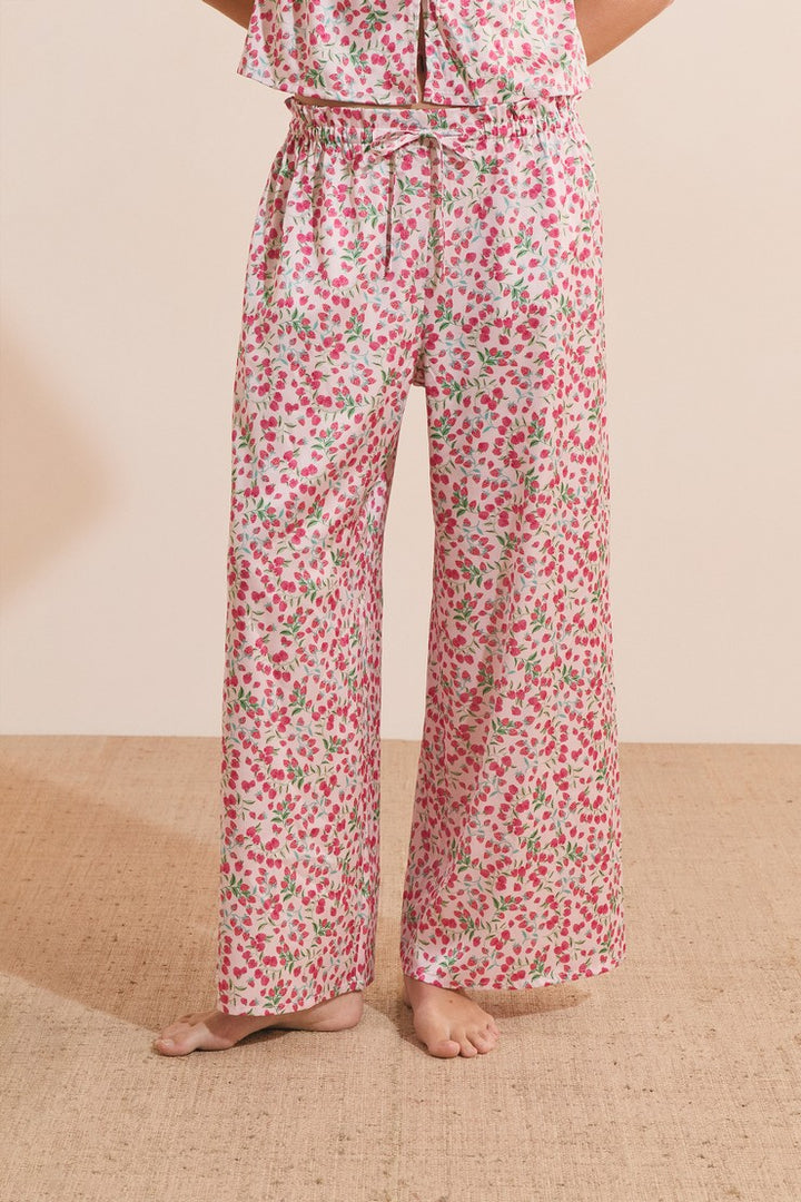 Satin Floral Print Pajama Pants - Imp Fond Rose
