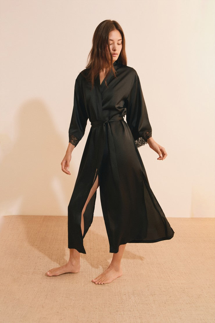 Satin Robe With Lace Details - Noir